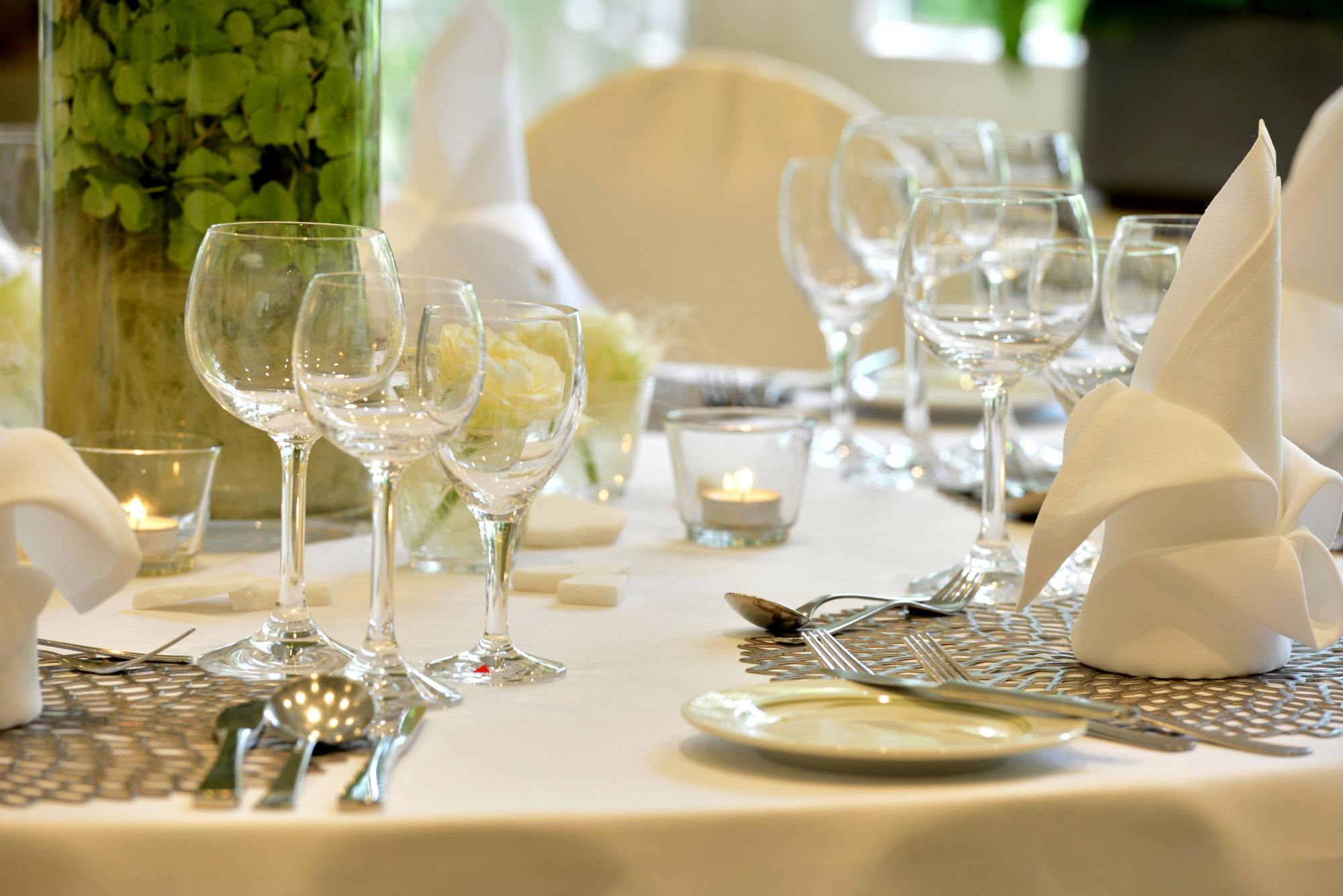 Elegant gedeckter Esstisch mit kunstvoll gefalteten Servietten, Geschirr, Gläsern und Blick auf grüne Pflanzen.